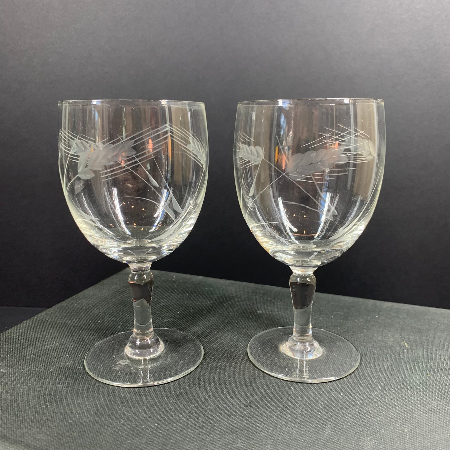 1940s hand etched cocktail glasses and matching shot glasses