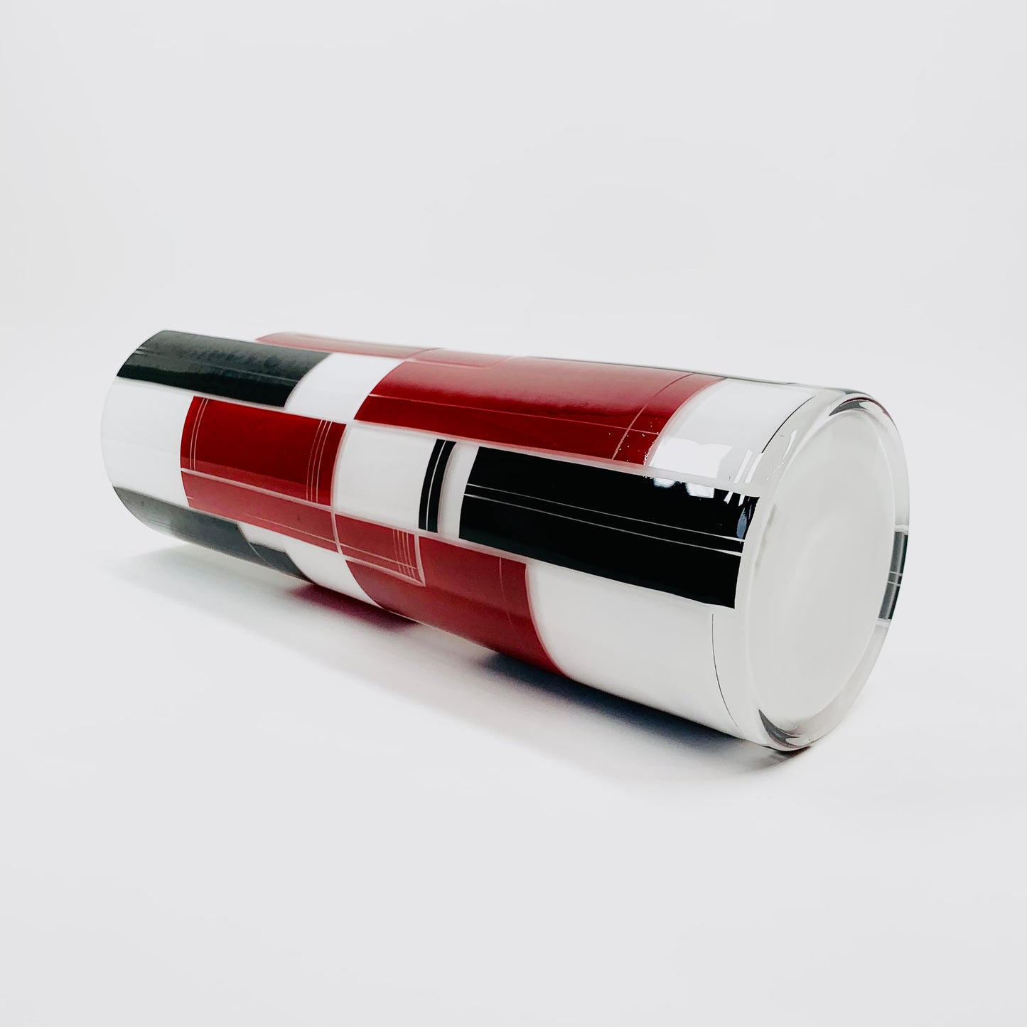Extremely rare 1940s Baus Haus cased white black and ruby enamel cylinder glass vase by Karl Palda