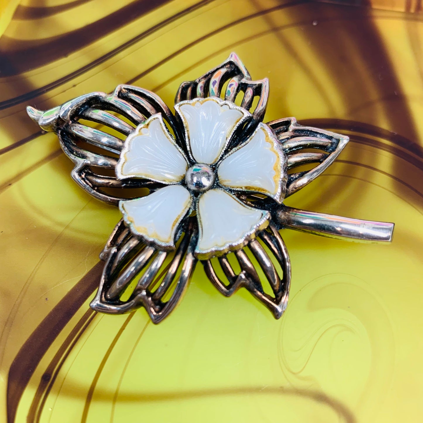 1950s costume silver flower brooch with white cameo petals