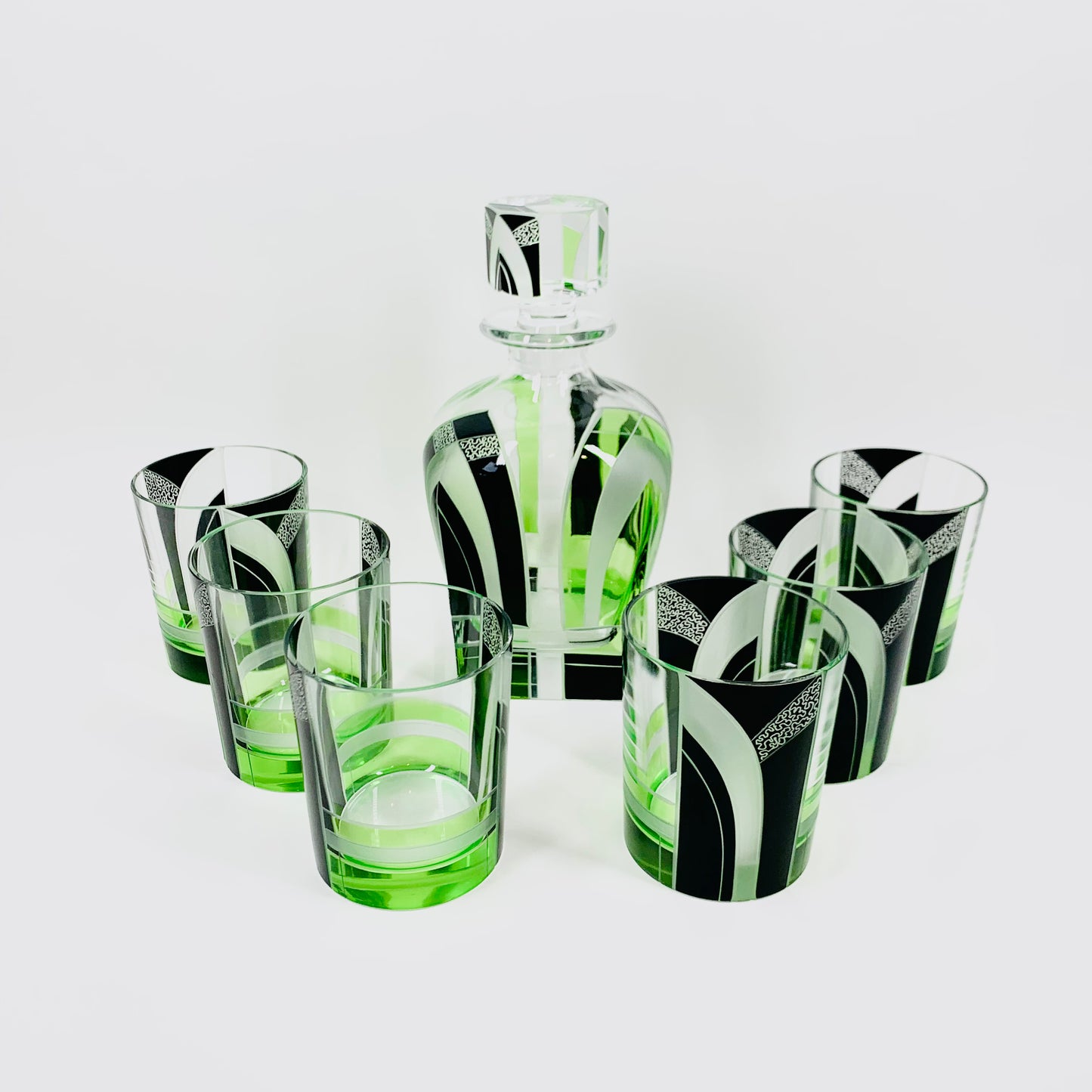 Extremely extremely rare antique Art Deco green & black enamel glass decanter set by Karl Palda