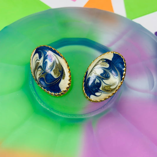 1960s Italian hand painted navy blue tie dye enamel clip on earrings