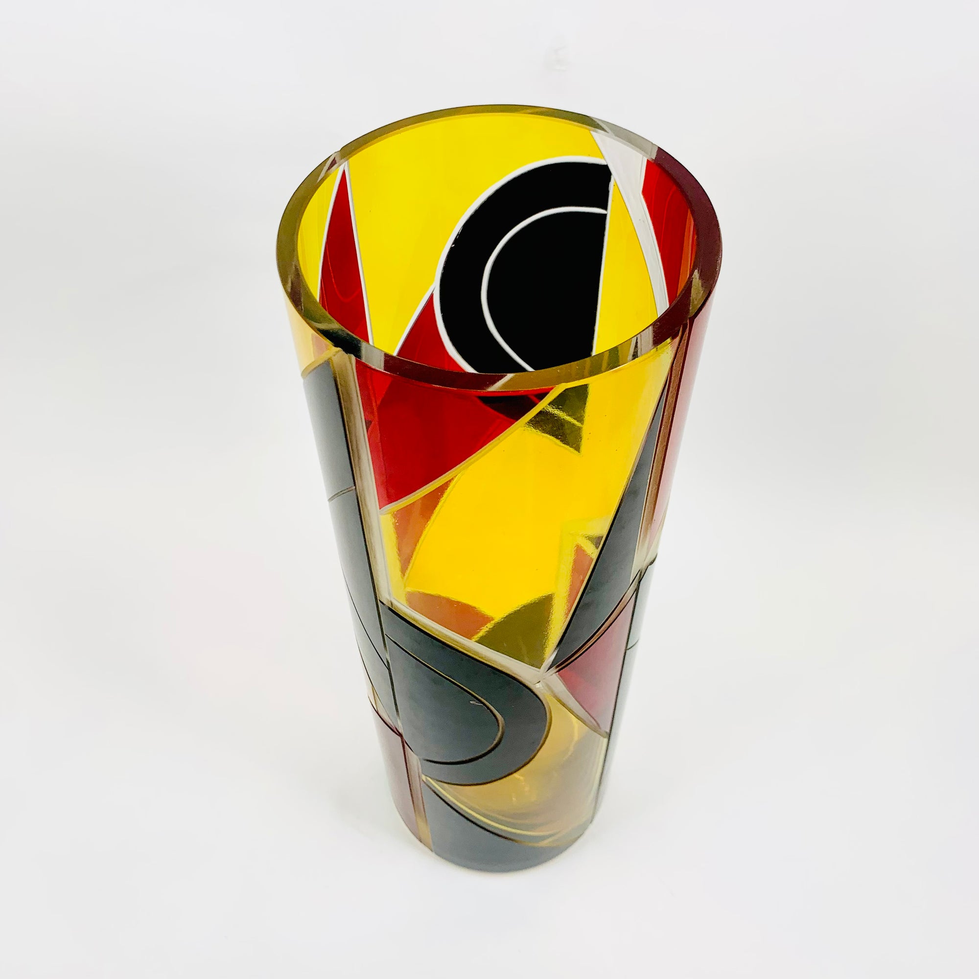 Extremely rare antique Art Deco citrine, black and ruby enamel cylinder glass vase by Karl Palda
