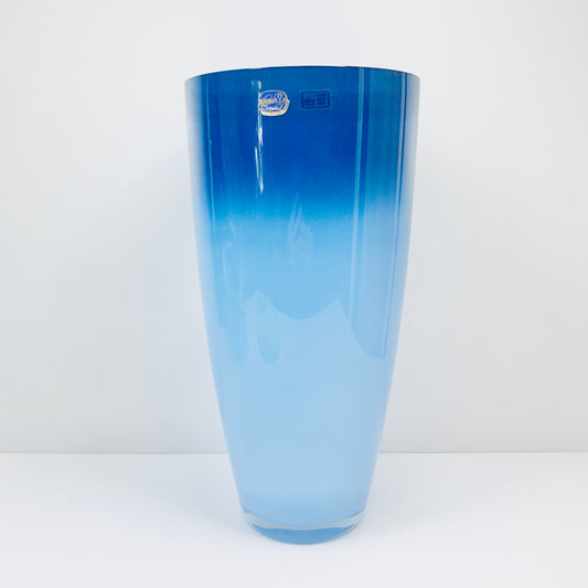 1980s Bohemian hand made two tone blue art glass vase