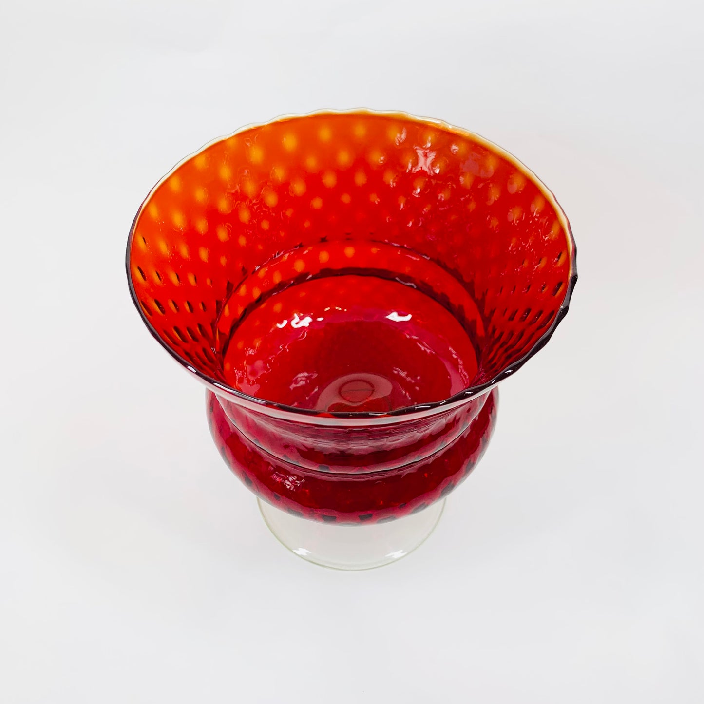 Midcentury Italian red orange strawberry glass comport with clear stem