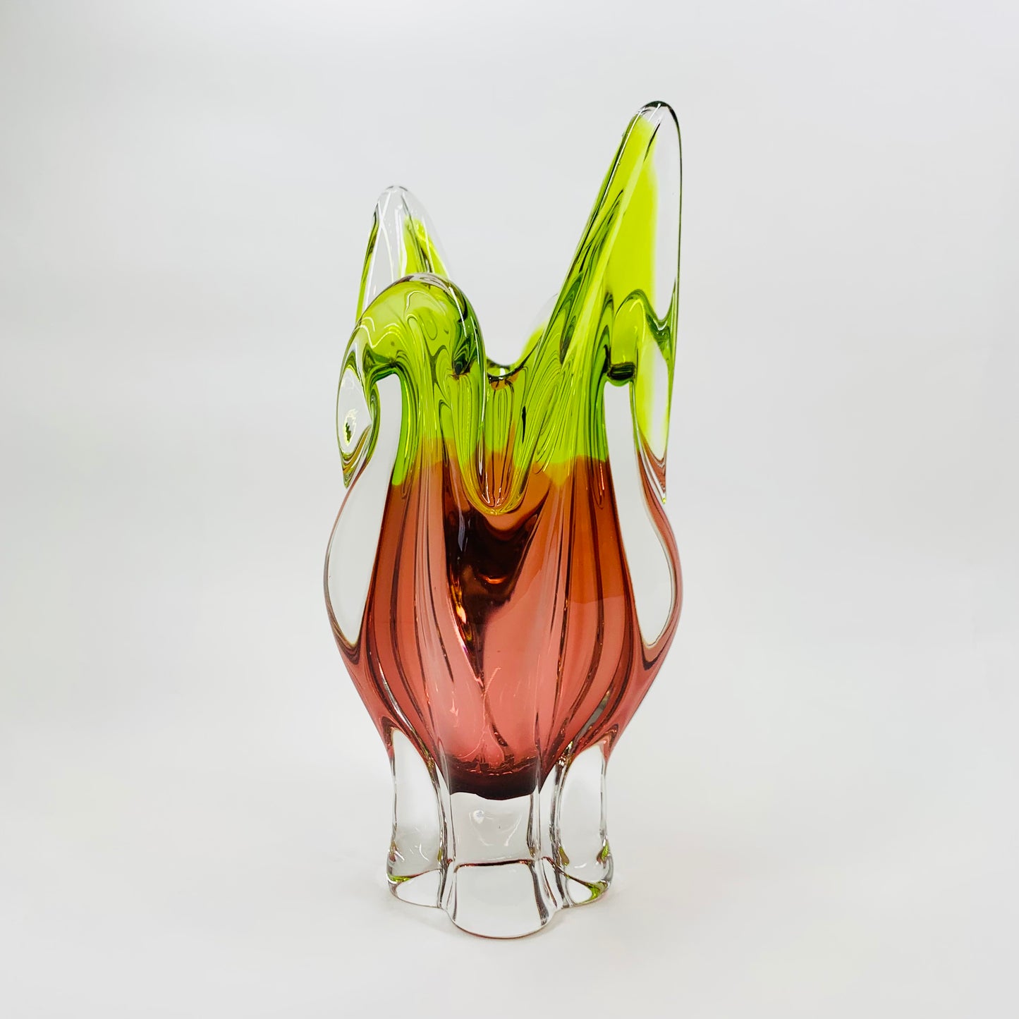 Extremely rare Midcentury Czech Chribska Glassworks lime green & amber orange sommerso glass Cat’s Head vase by Josef Hospodka