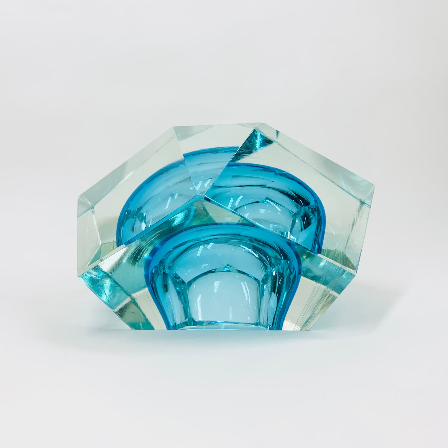 Extremely rare MCM blue Murano Sommerso faceted glass geode bowl by Mandruzatto