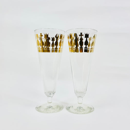 Extremely rare 1940s gold gilding clear glass champagne flutes with chess pattern