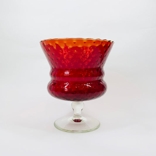 Midcentury Italian red orange strawberry glass comport with clear stem