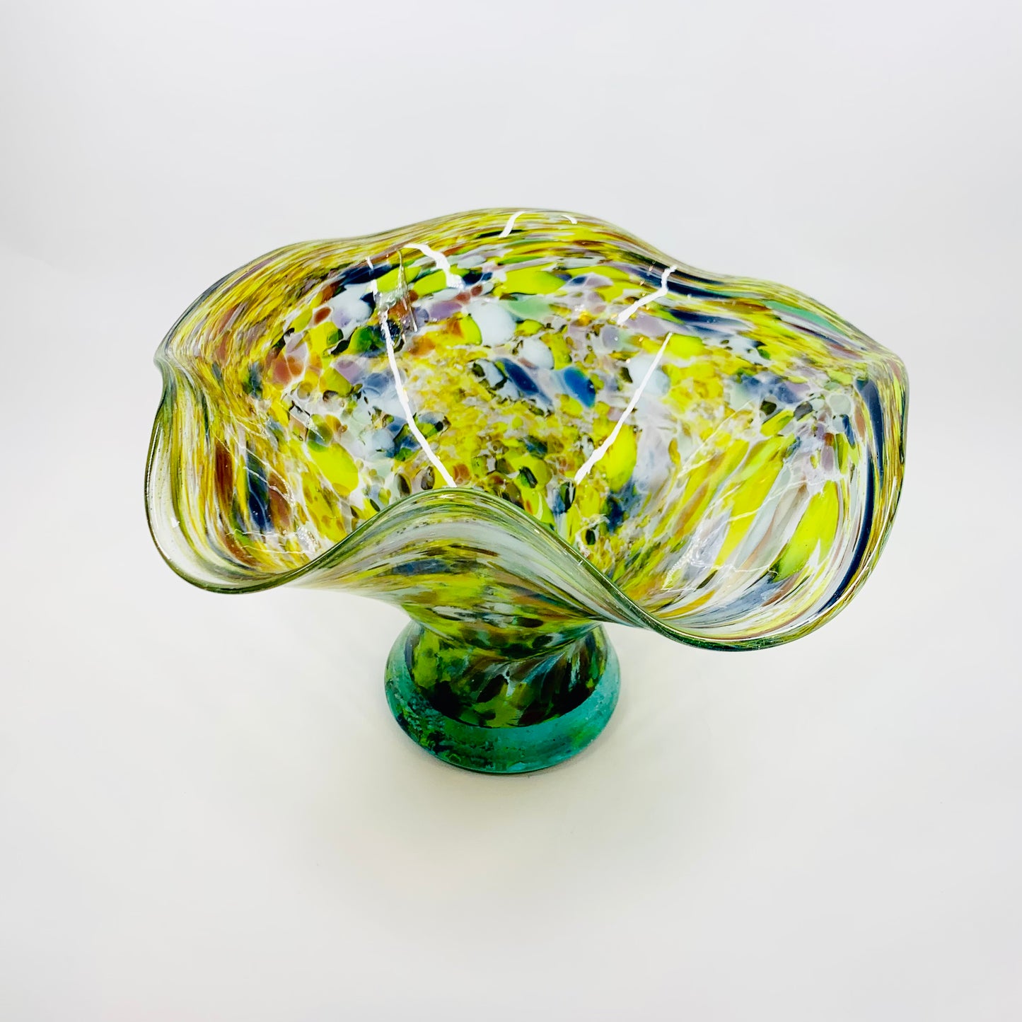 1980s Spanish recycled speckled harlequin glass handkerchief bowl