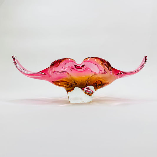 Extremely Midcentury rare Czech Chribska Glassworks pink & amber gold sommerso glass Whiskers bowl by Josef Hospodka