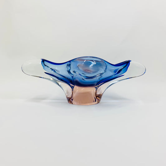 Rare Midcentury medium Czech Skrdlovice blue coral sommerso glass bowl