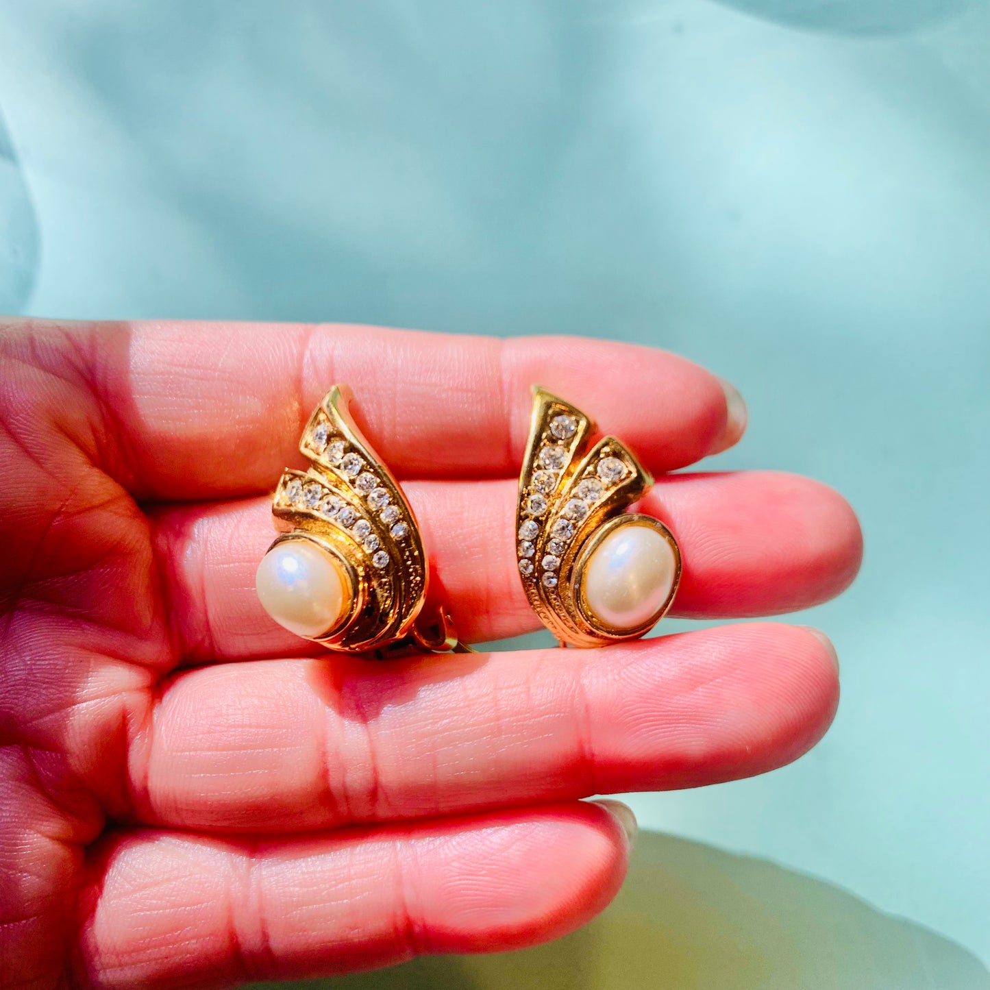 Rare 1960s Barcs triple plated gold pearl wings on earrings