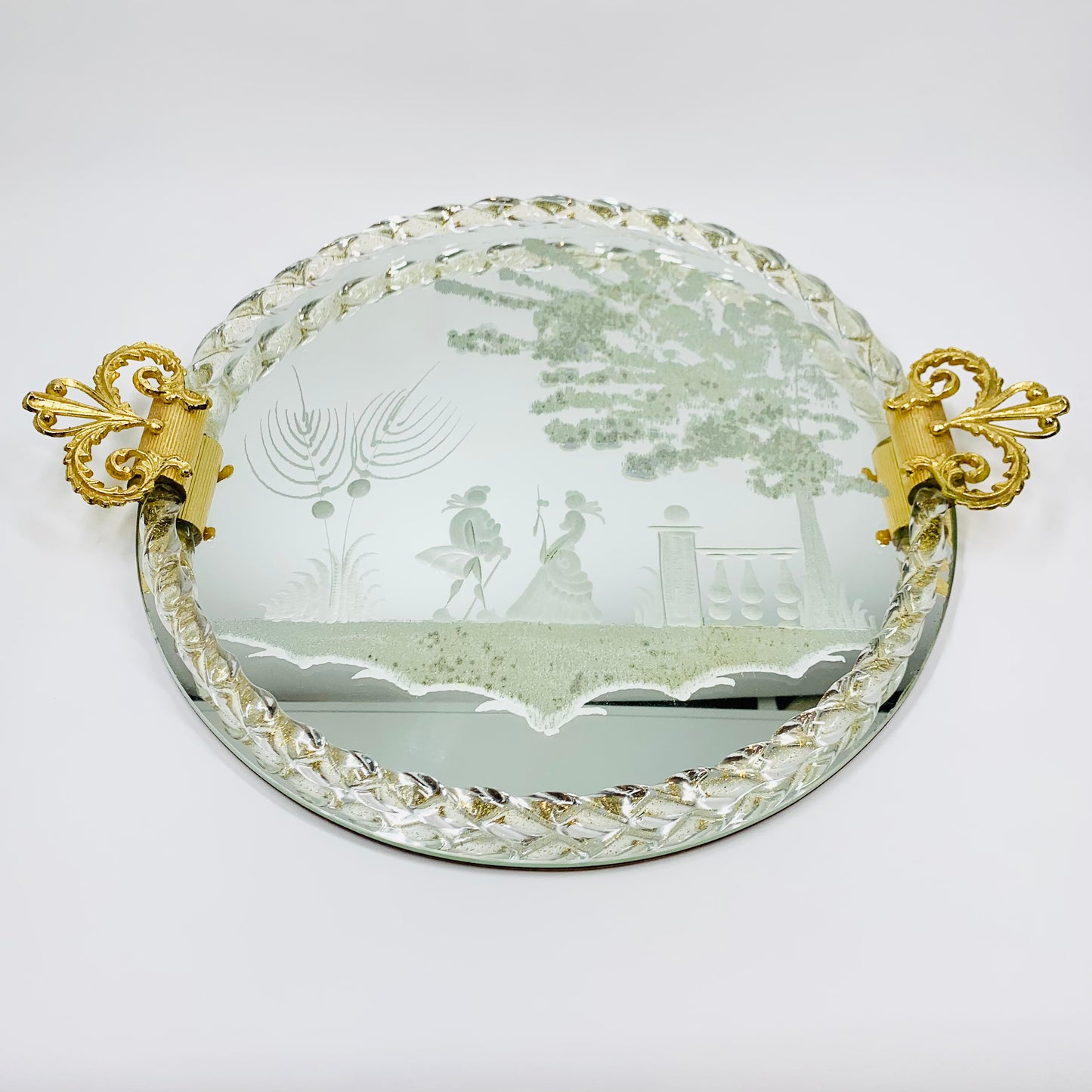 1940s hand etched mirror tray with gold aventurine rope border