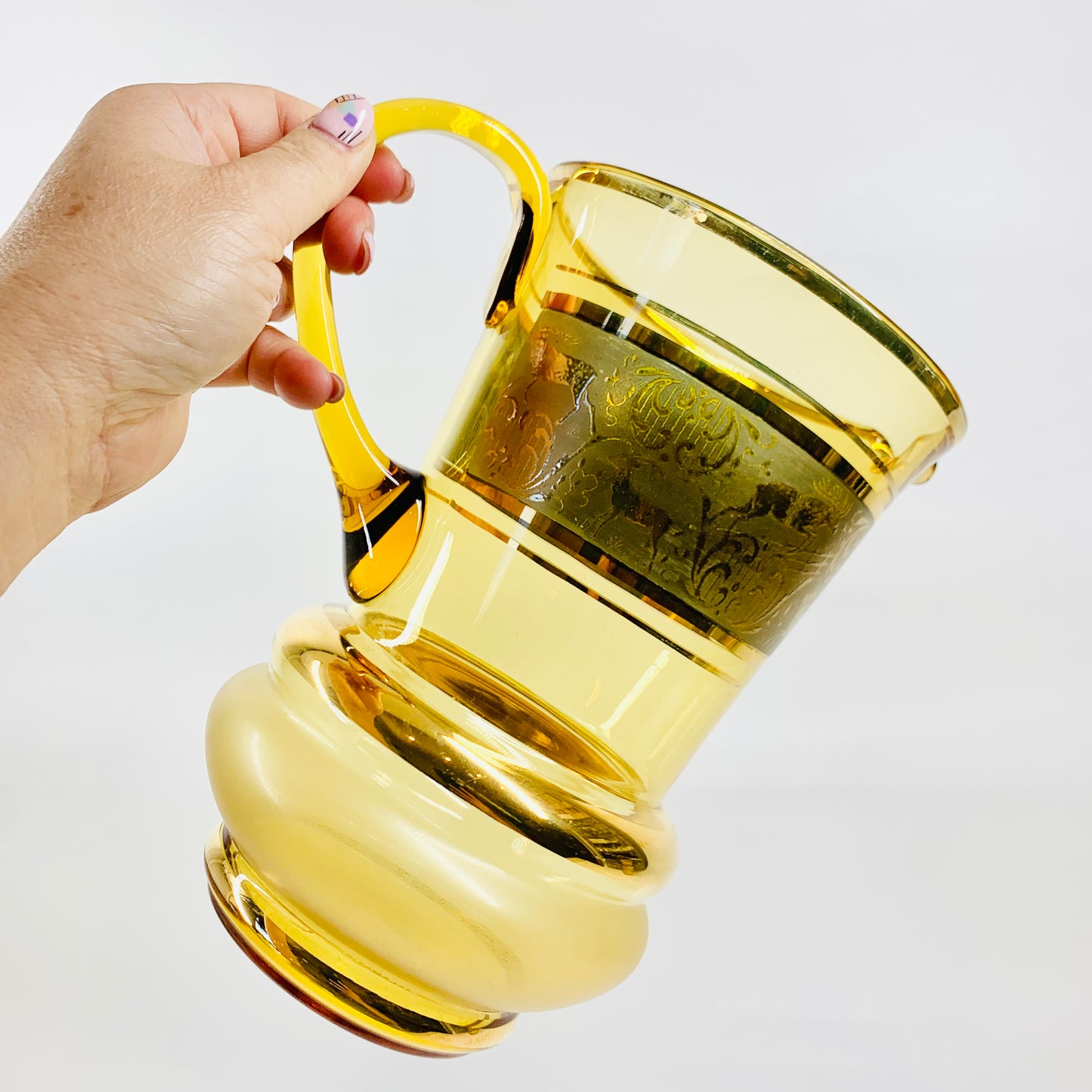 Rare Midcentury amber glass gold gilding jug set matching tumblers