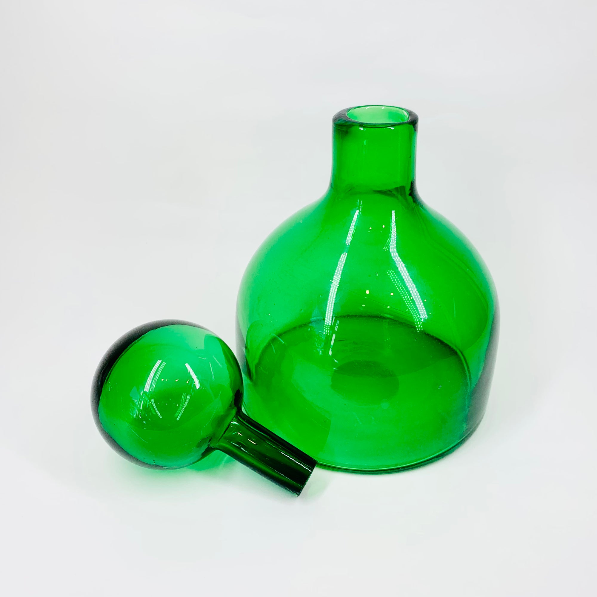 Rare mouth blown vintage Pols Potten green glass decanter bottle with matching stopper
