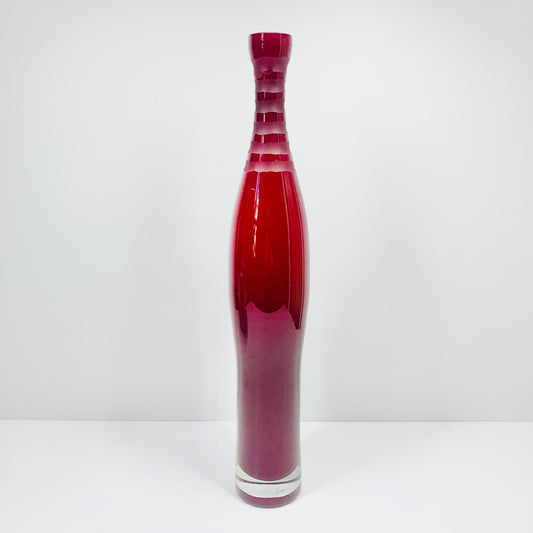 Midcentury Red Art Glass Vase with Satin Glass Cut out On Neck
