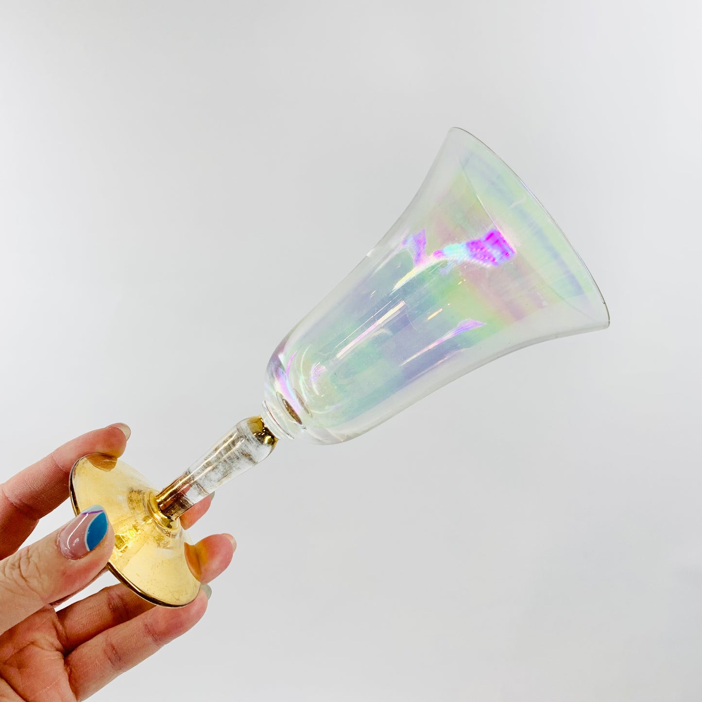Rare 1940s iridescent glass coupe with gold gilded stem