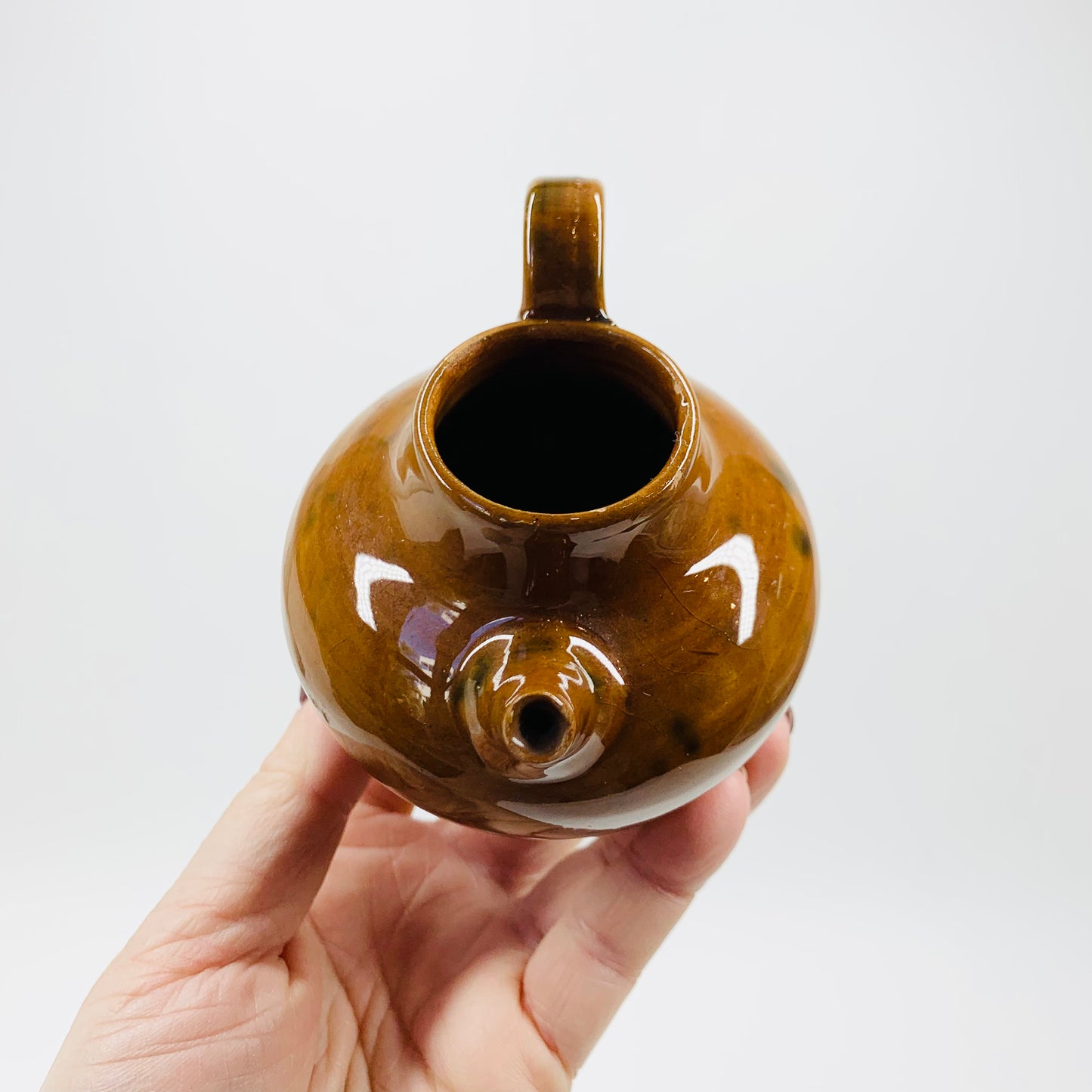 Midcentury hand glazed Scandinavian brown pottery mini jug