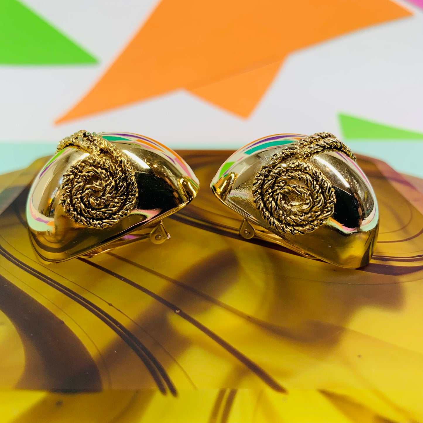 Extremely rare 1980s triple gold plated statement clip on earrings with side coils