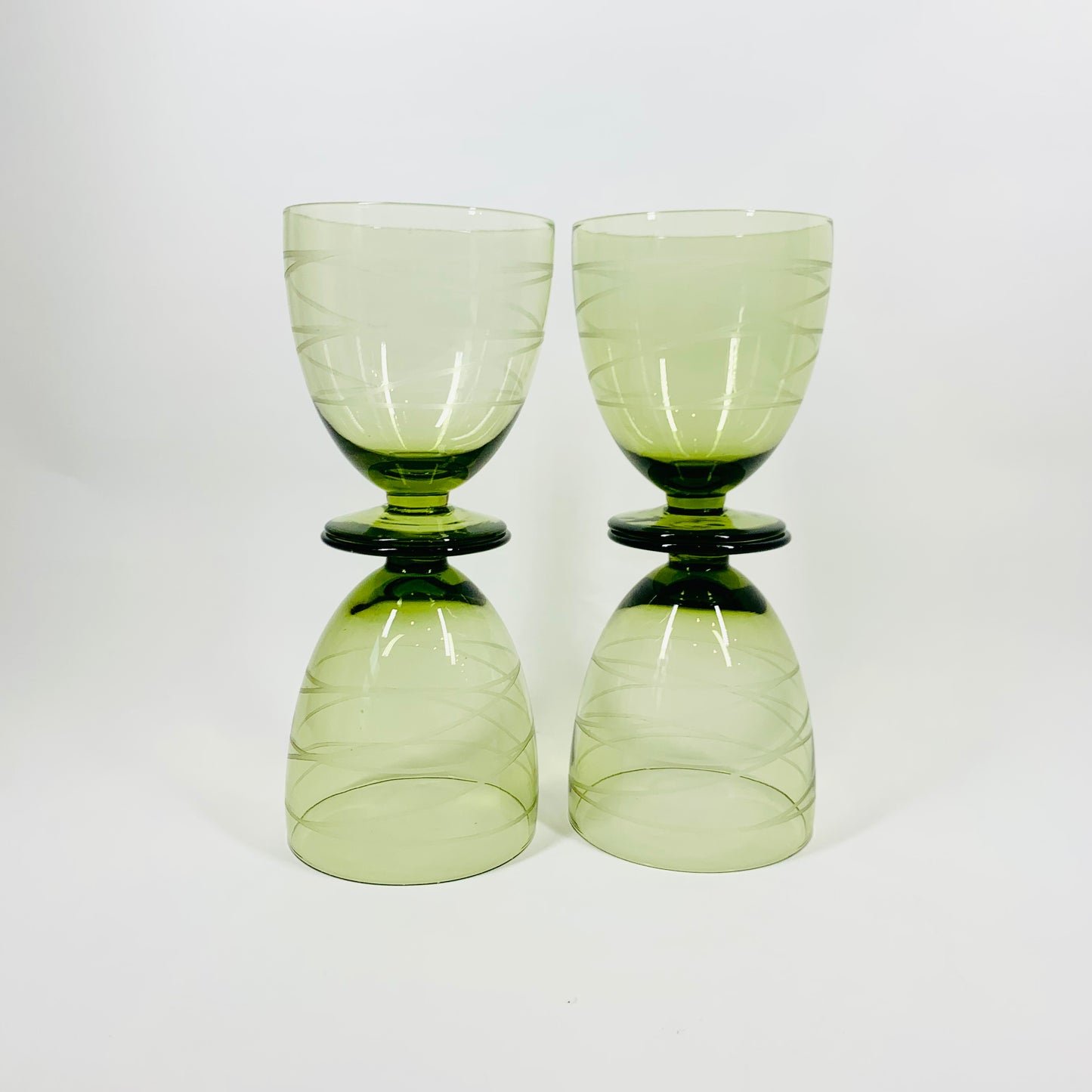 MCM etched green glass coupe/wine glasses