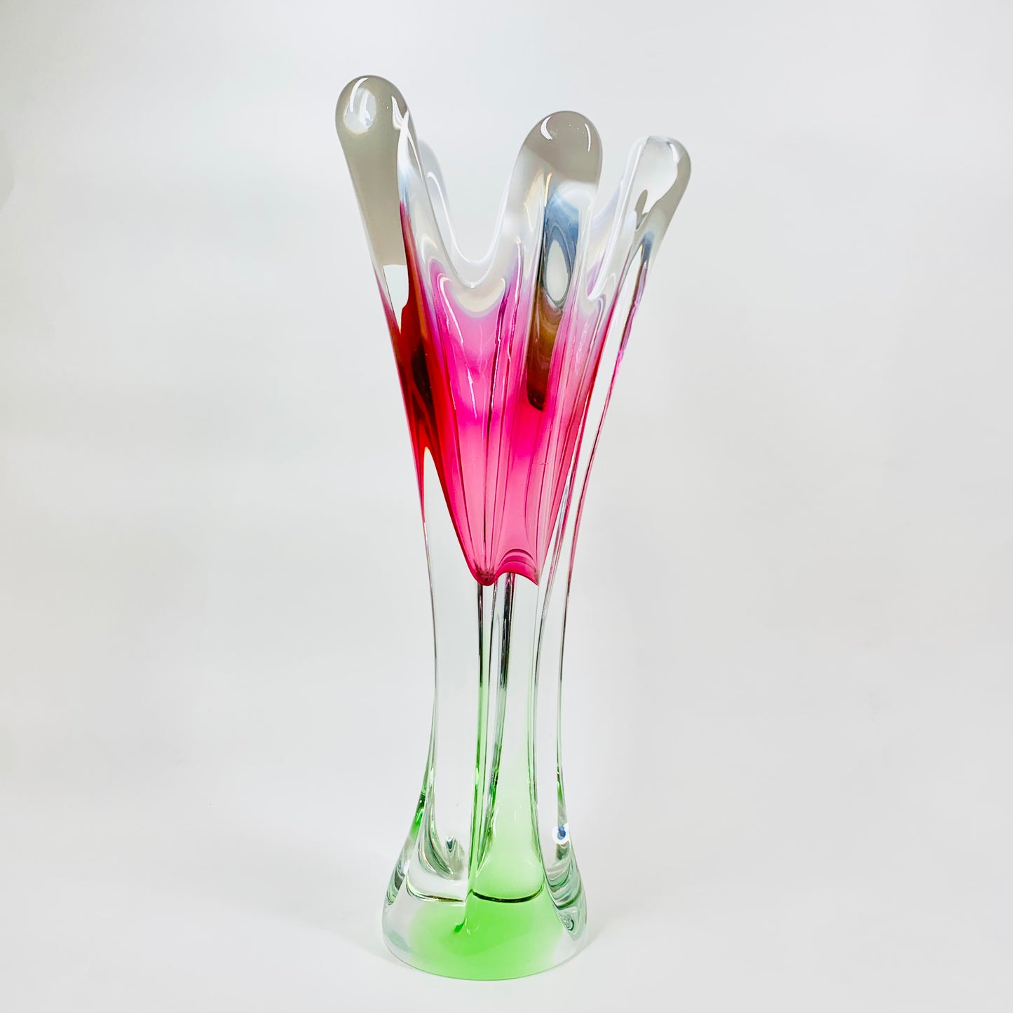 Rare Midcentury large Czech Skrdlovice swung pink green white sommerso glass vase