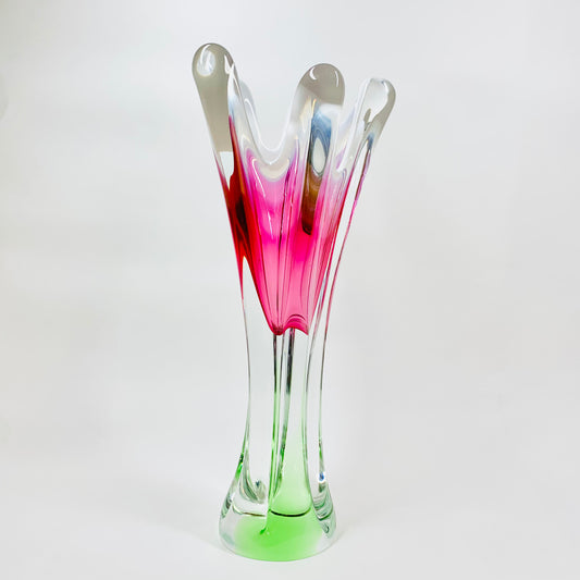 Rare Midcentury large Czech Skrdlovice swung pink green white sommerso glass vase