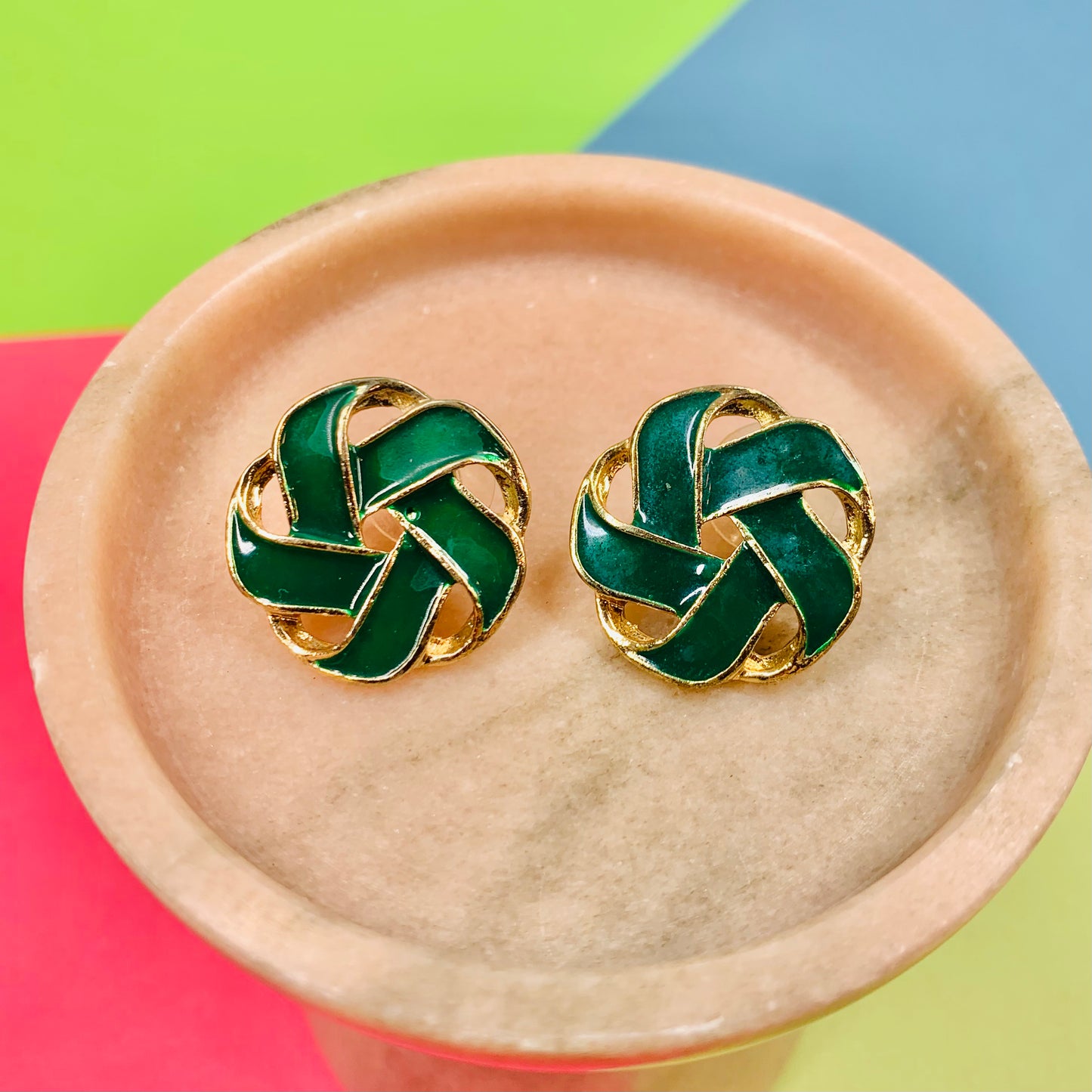 1970s Trifari gold plated green enamel knot button stud earrings