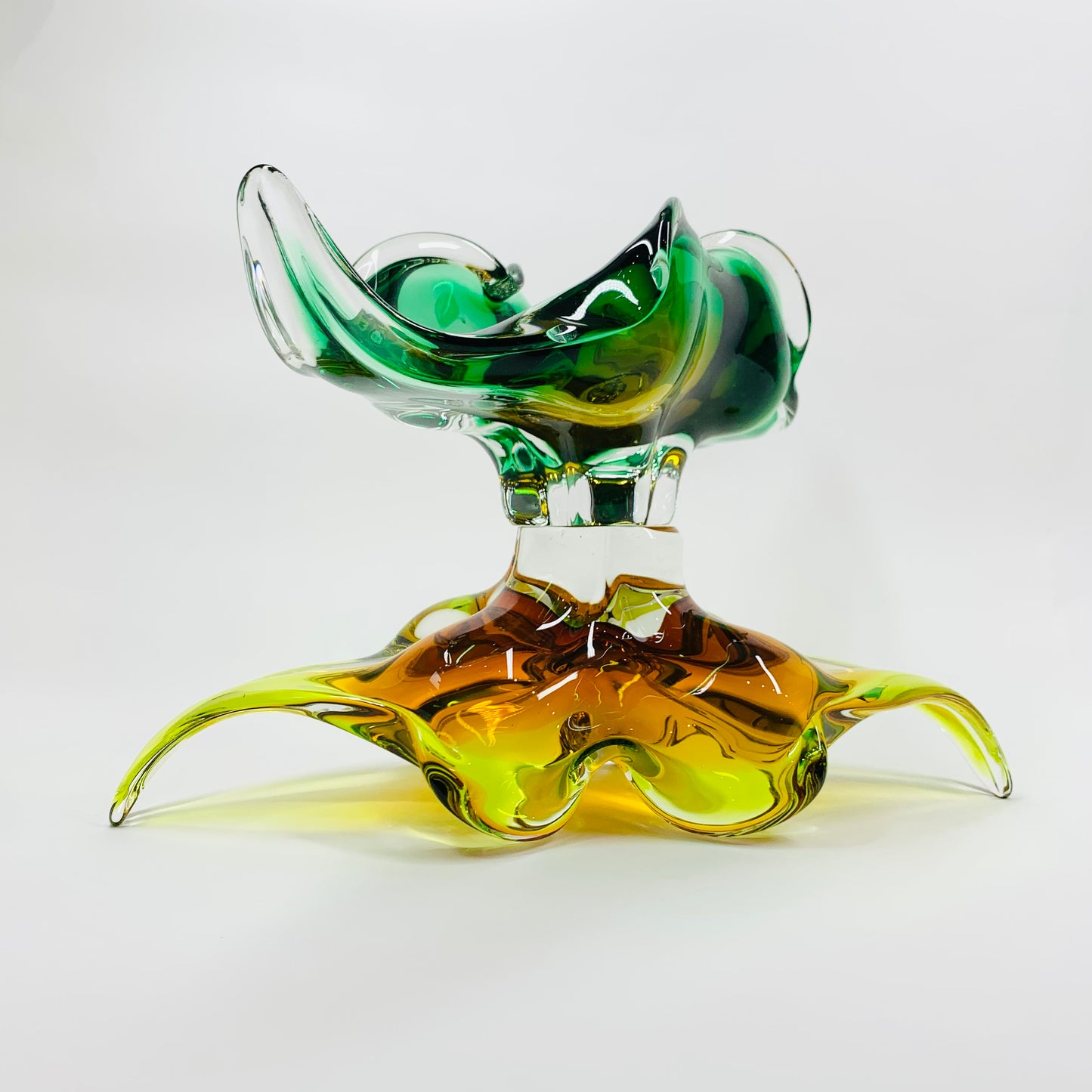 Extremely rare Midcentury Czech Chribska Glassworks green & gold sommerso glass Whiskers bowl by Josef Hospodka