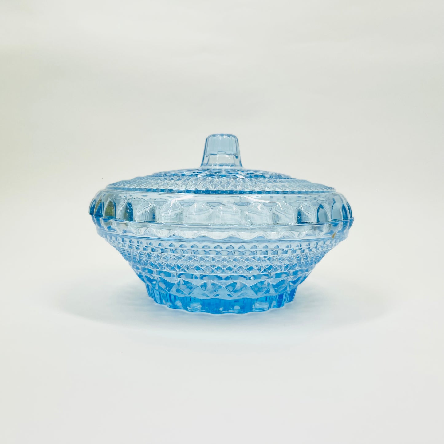 Antique pressed blue glass lidded box/sugar bowl with cork lid