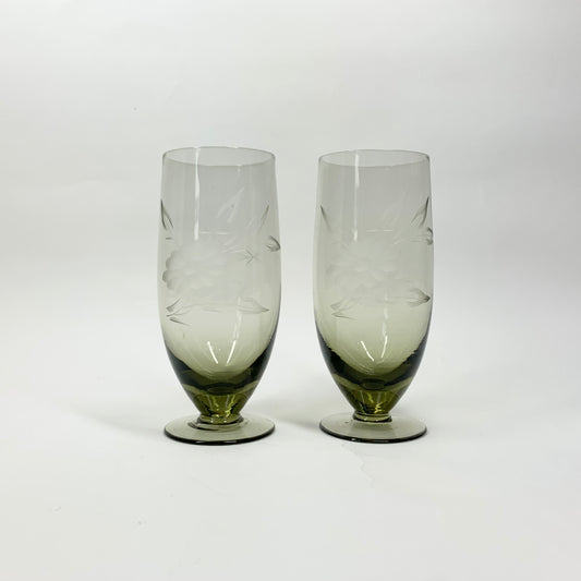 MCM etched floral grey short footed cocktail/champagne glasses