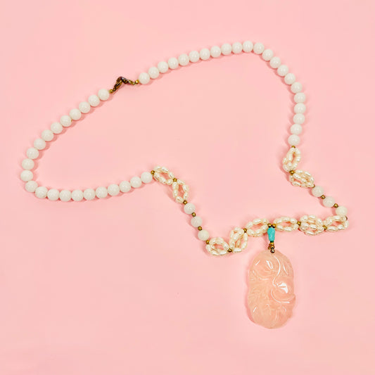 Vintage fresh water pearl & stone beads necklace with hand carved rose quartz pendant