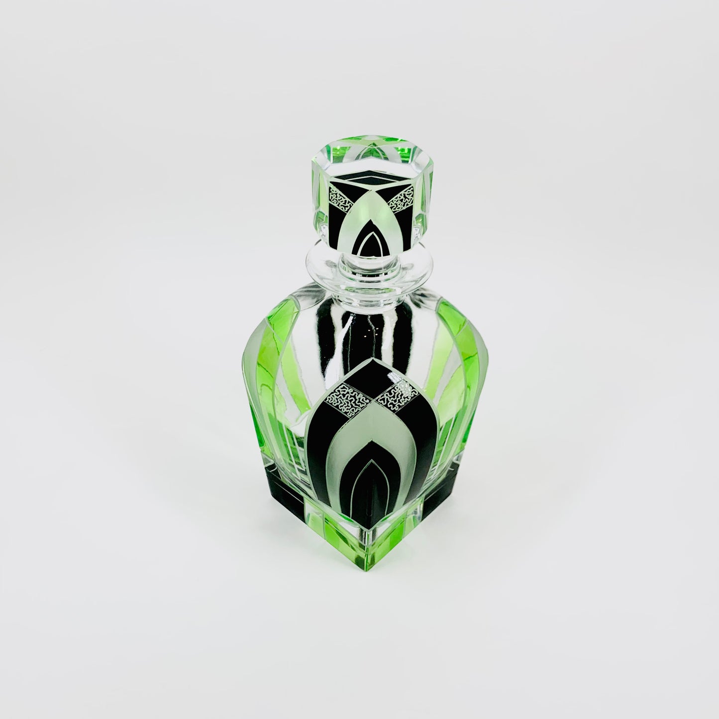 Extremely extremely rare antique Art Deco green & black enamel glass decanter set by Karl Palda