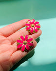 Extremely rare 1970s Trifari gold plated pink enamel sunflower clip on earrings