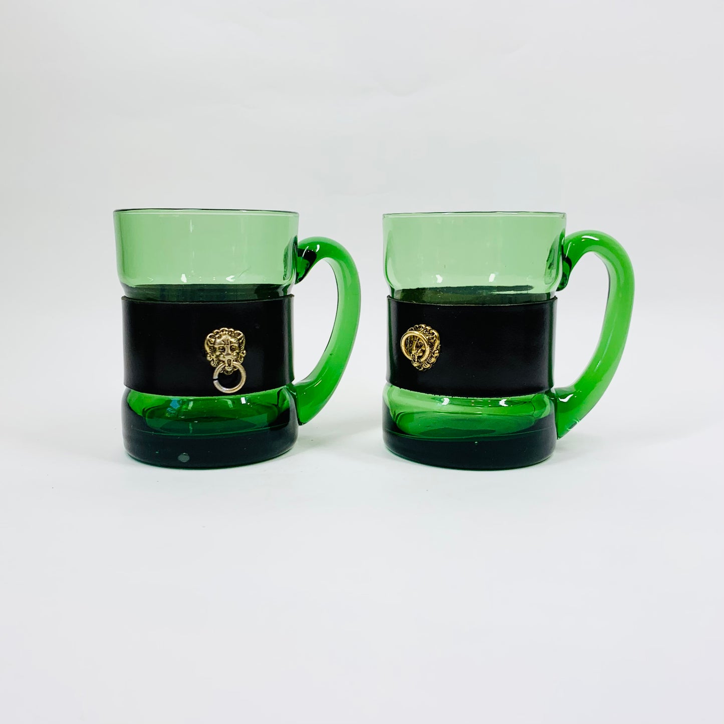 Rare Midcentury Italian green glass set with detachable leather sleeves