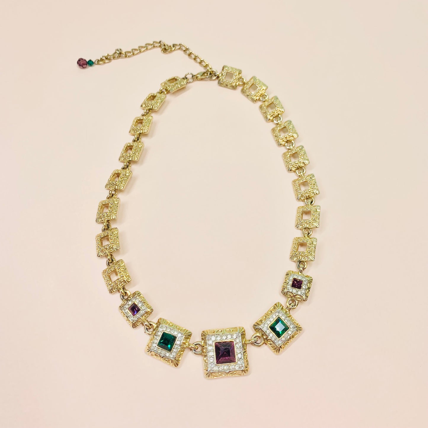 Extremely rare 1950s gold plated colour gem necklace in the tutti fruitti style