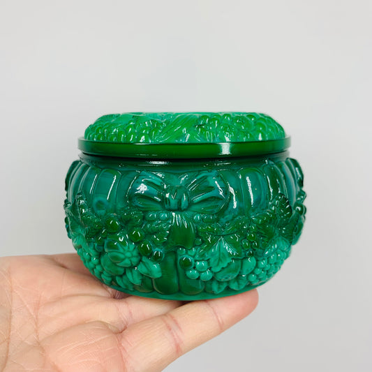 Extremely rare antique Art Deco hand carved Bohemian malachite lidded box with fruit and vine motif