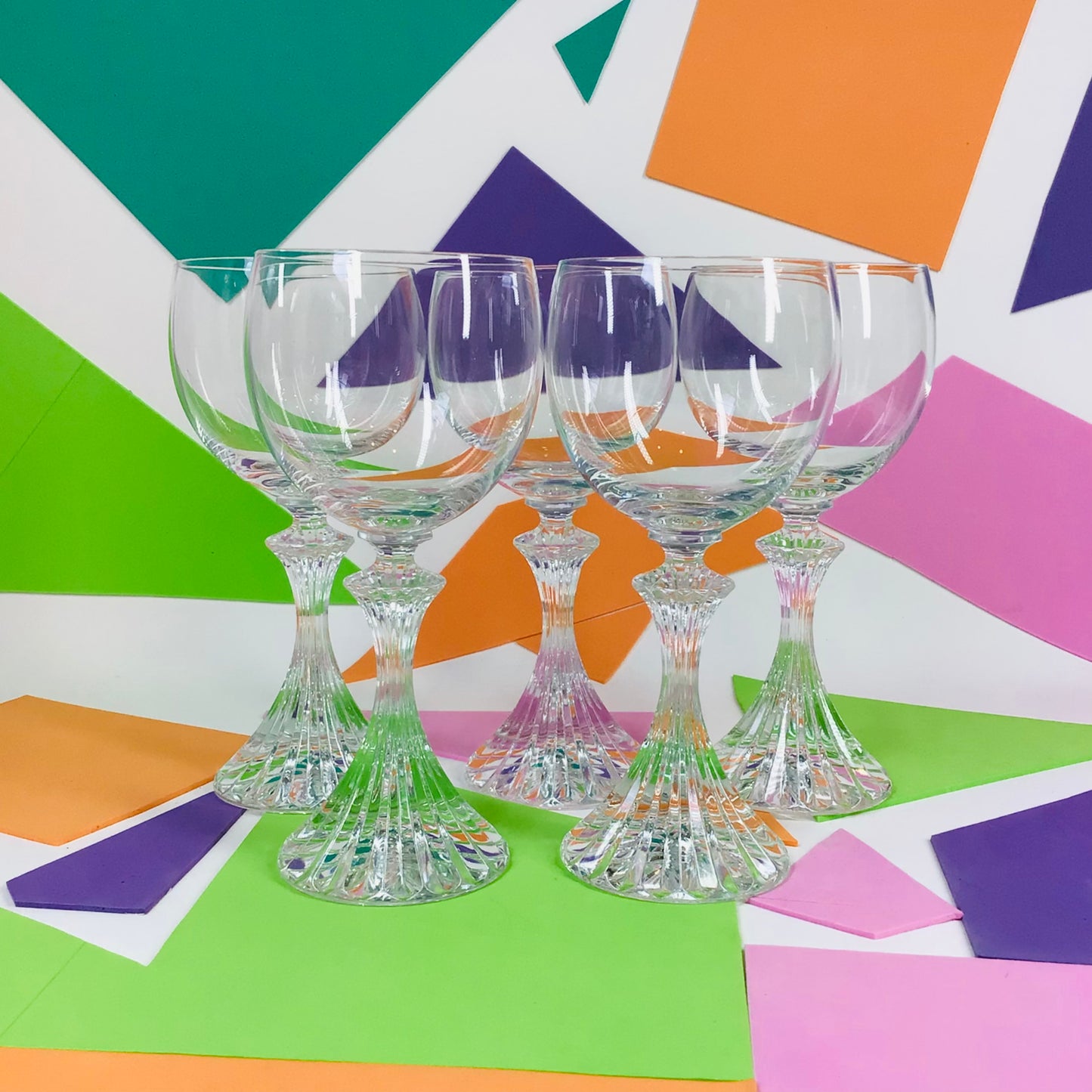 1970s faceted paperweight petal foot glass stem wine glasses