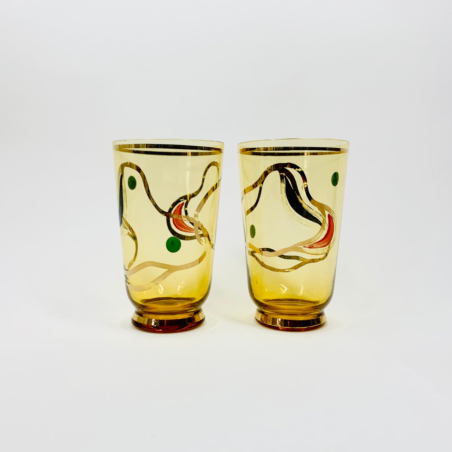 Midcentury hand painted amber glasses with gold gilding