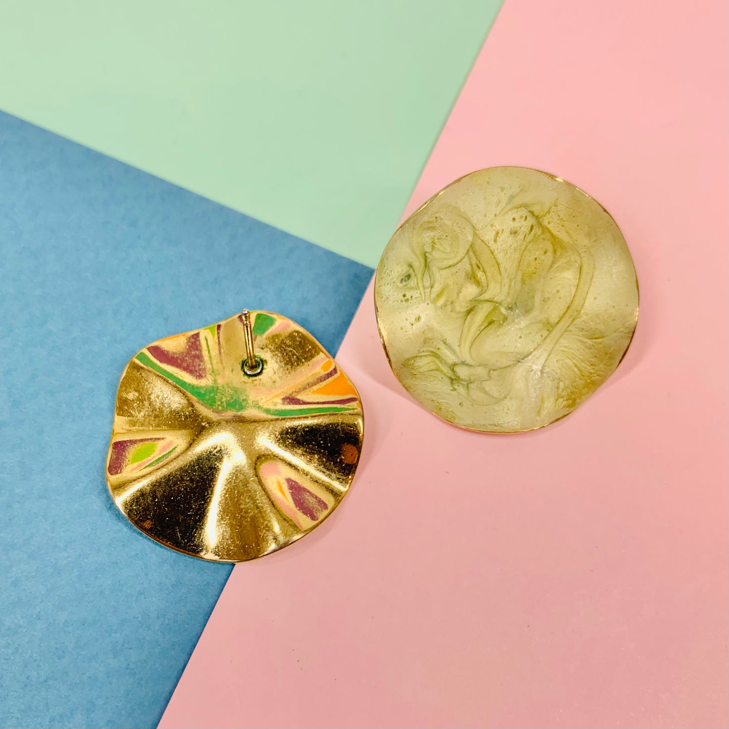 1970s Italian triple gold plated enamel button stud earrings