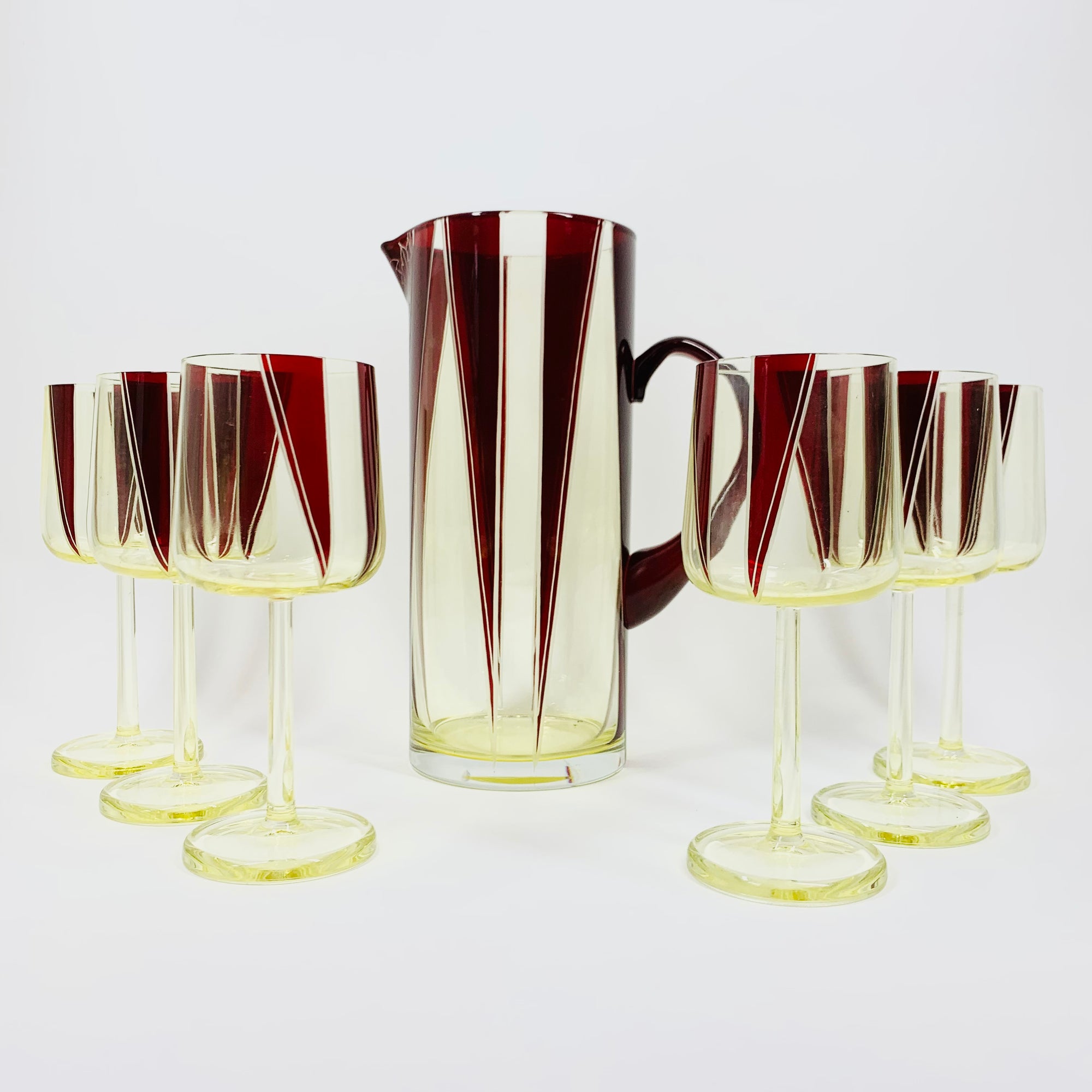 Extremely extremely rare antique Art Deco ruby enamel and citrine glass jug and matching wine glasses set by Karl Palda