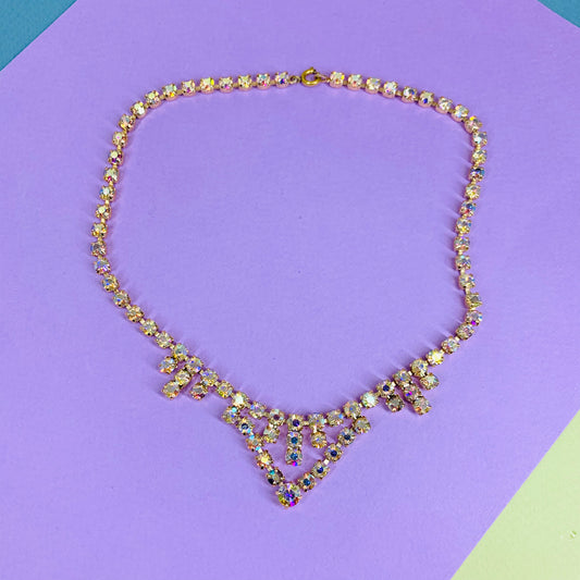 Stunning 1960s costume iridescent crystals chevron pendant necklace