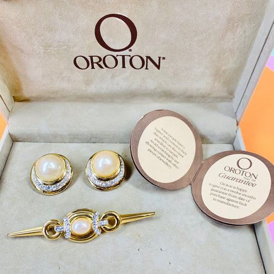 Vintage Oroton pearl gold brooch and matching earrings