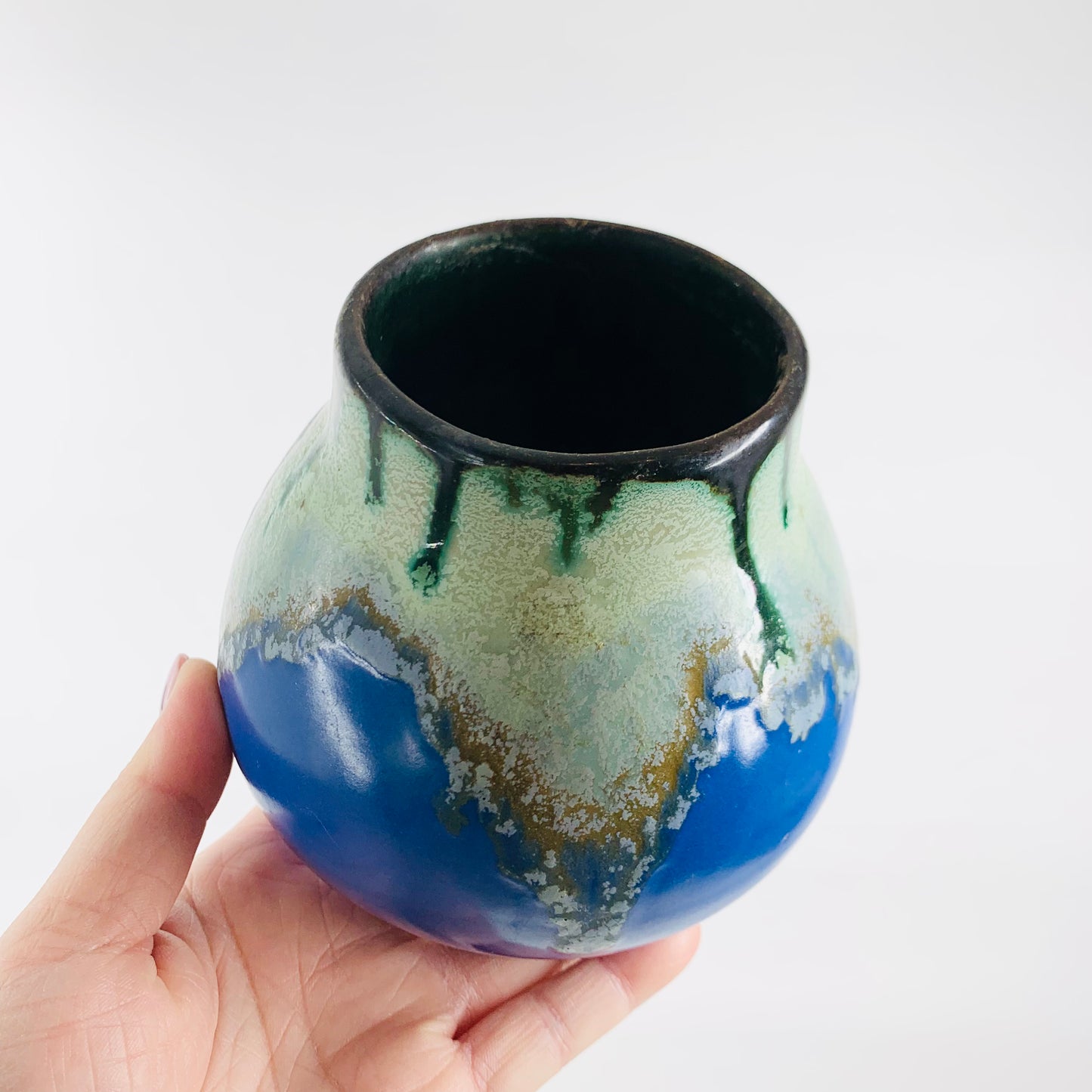 1970s Belgian hand glazed blue pottery vase