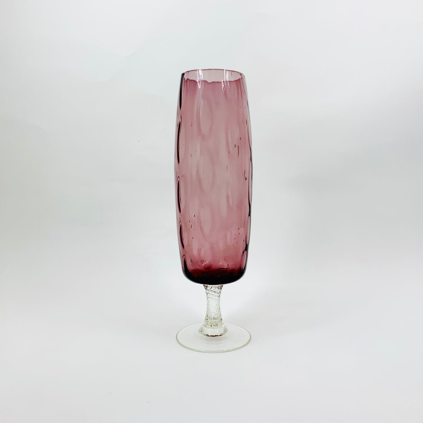 Midcentury Italian clear twist stem amethyst dimpled glass vase