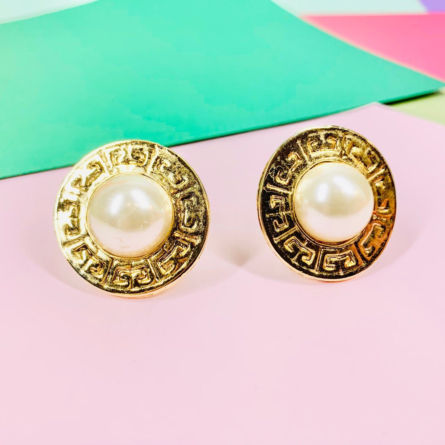 Rare stunning 1980s gold plated clip on pearl button earrings with etched C border