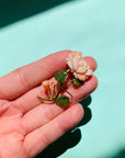 Antique hand carved coral rose brooch with jade leaves