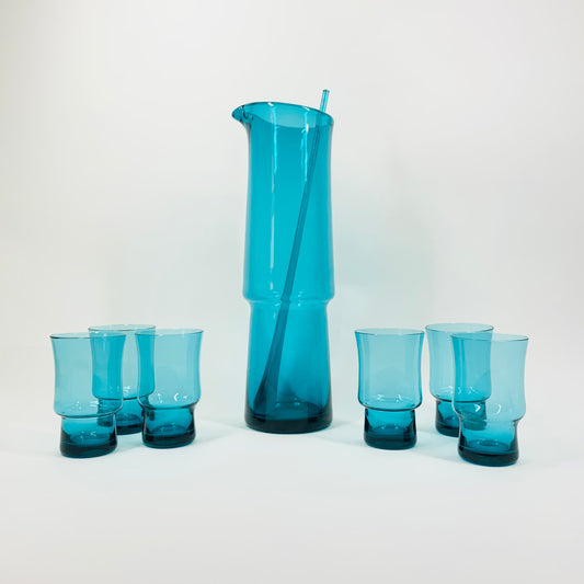 Rare complete Space Age Swedish turquoise blue glass pitcher/jug set with matching glasses and swizzle stick