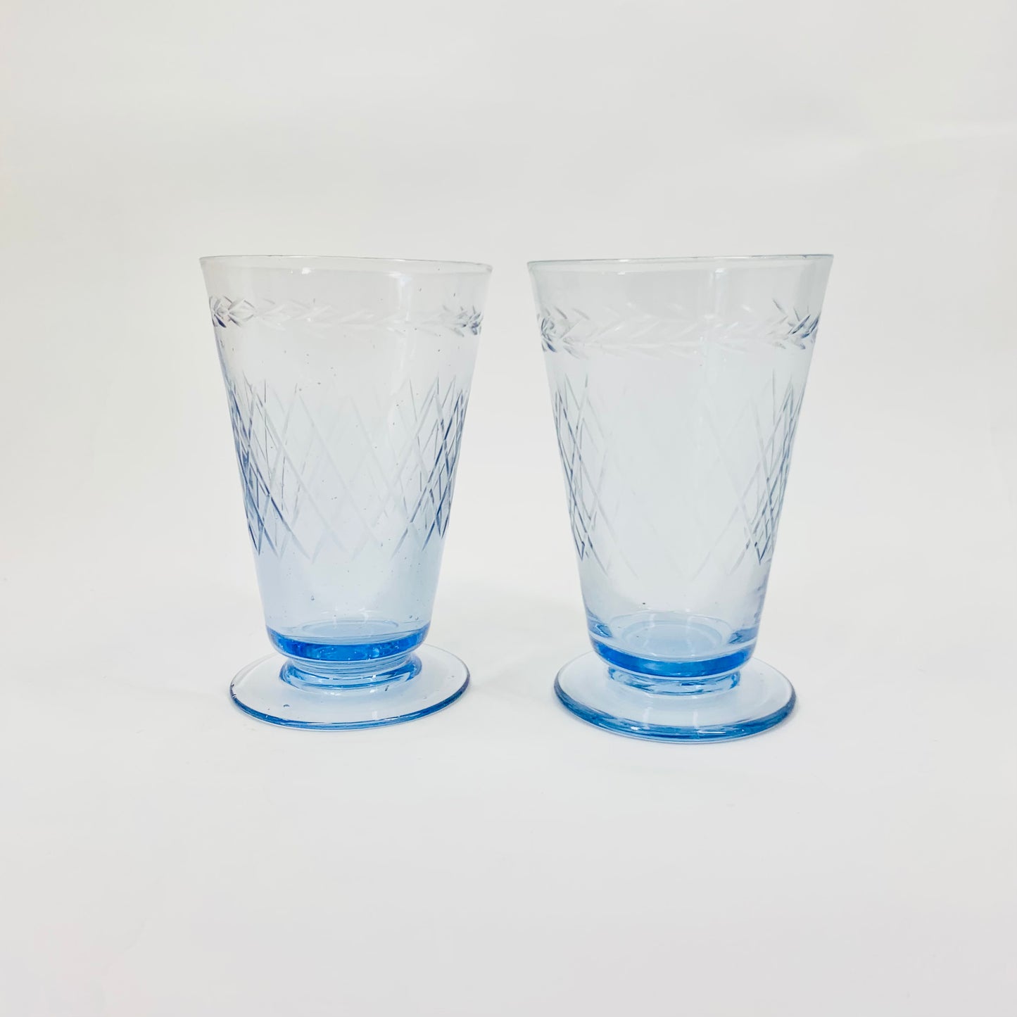 Extremely rare antique Art Deco hand etched depression blue footed glasses