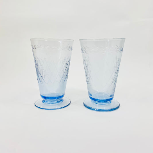 Extremely rare antique Art Deco hand etched depression blue footed glasses