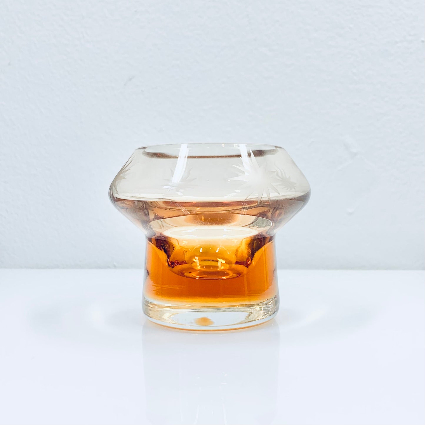 Antique hand etched amber crystal tea light holder